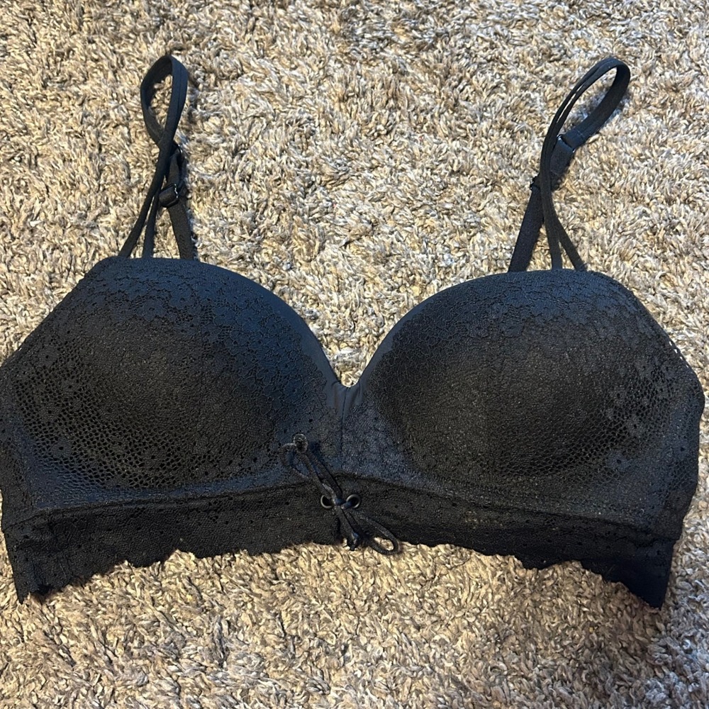Aerie Black Floral Lace Padded Push Up Bra Corset Detail 34B